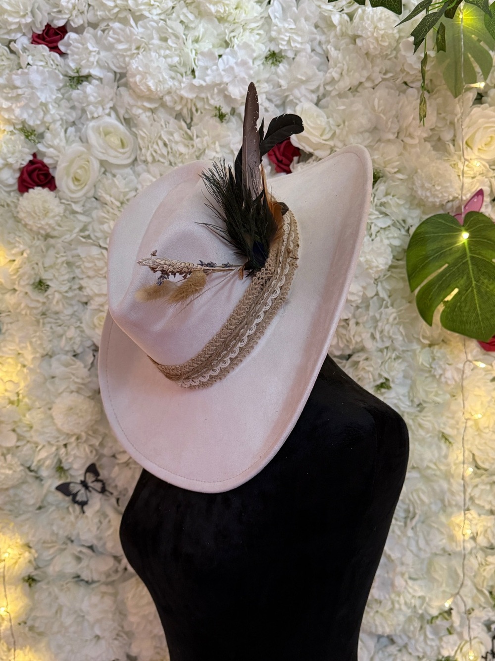 Women's Cream Felt Wide-Brim Fedora with Decorative Feather Band